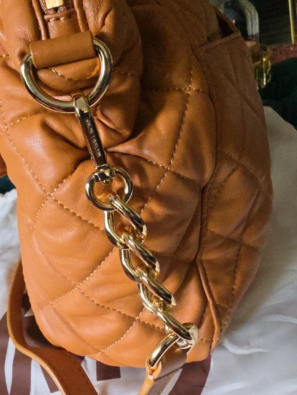 Michael Kors Quilted Satchel in Cognac Tan with Gold Hardware.